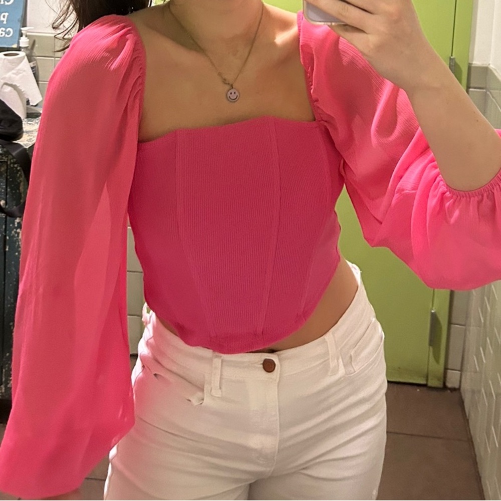 Fabrik corset fabric top with sheer puffy sleeves